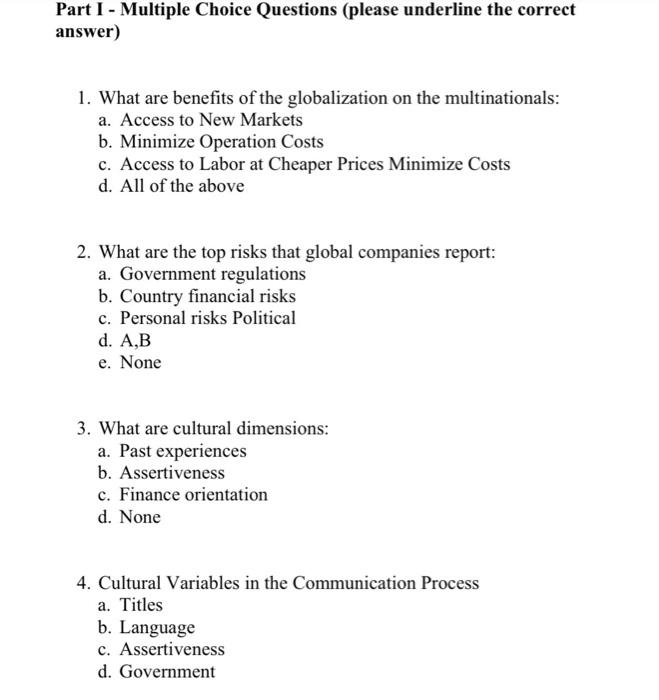Answer all the questions asp Part I - Multiple