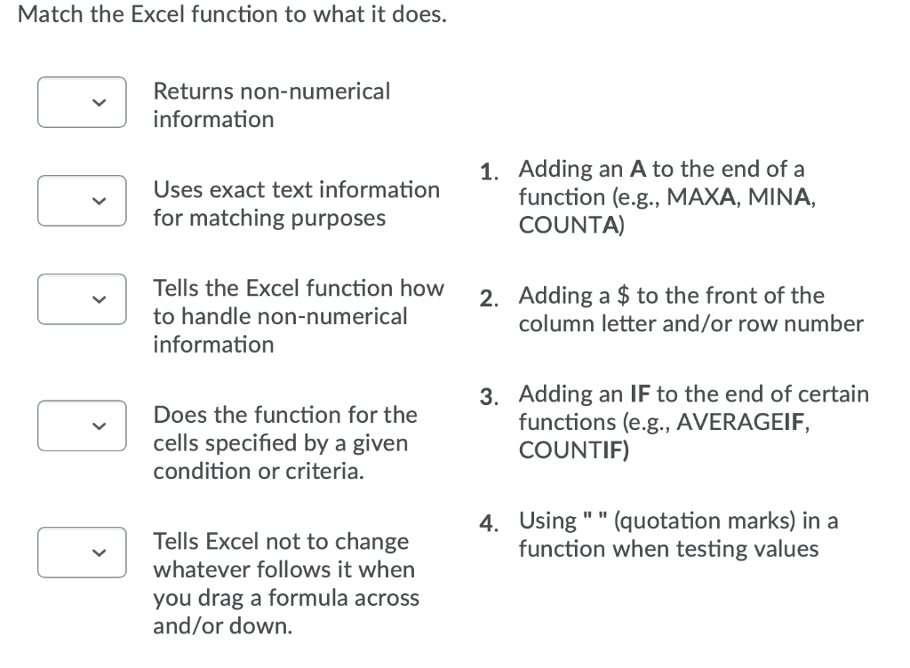 Match the Excel function to what it does. Returns