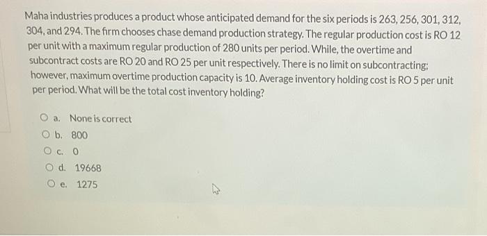 Maha industries produces a product whose