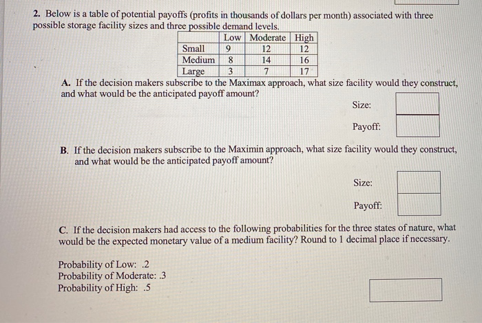2. Below is a table of potential payoffs (profits
