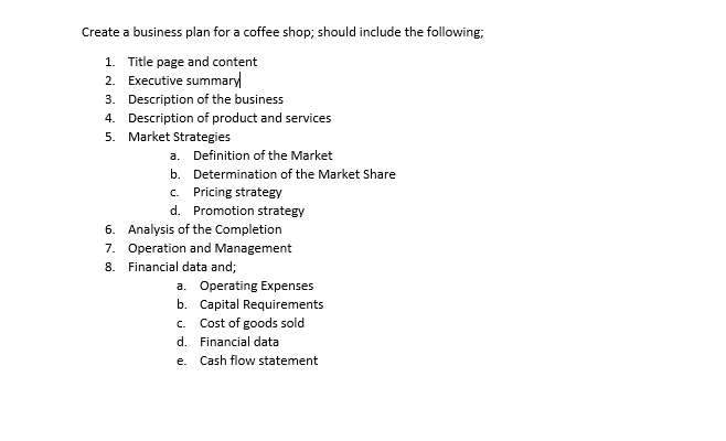 Create a business plan for a coffee shop, should