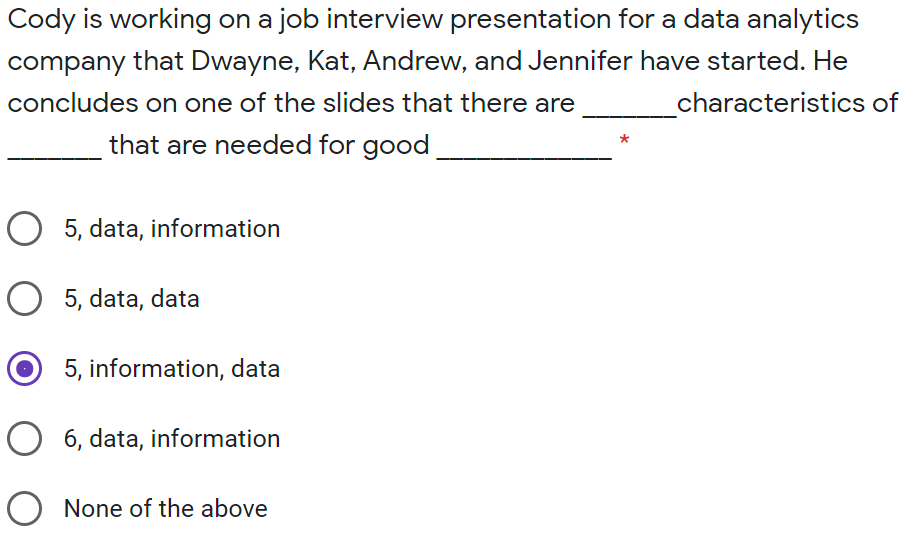 Cody is working on a job interview presentation