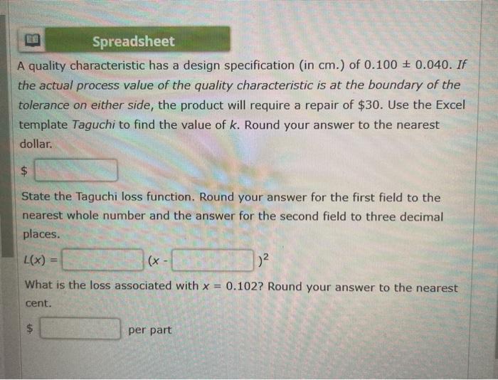Spreadsheet A quality characteristic has a design