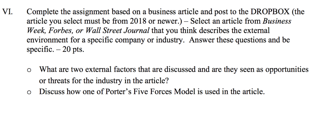VI. Complete the assignment based on a business