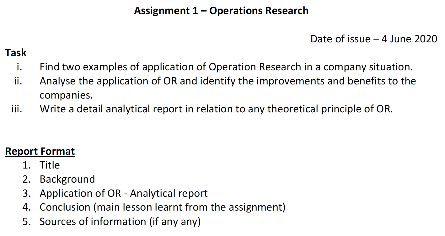 Assignment 1 - Operations Research Date of issue