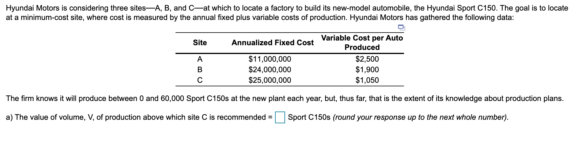 b. the value of volume v, of production below