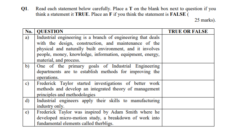 Q1. Read each statement below carefully. Place a