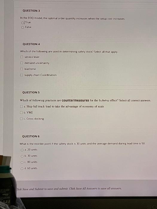 QUESTION 3 In the EOQ model, the optimal order