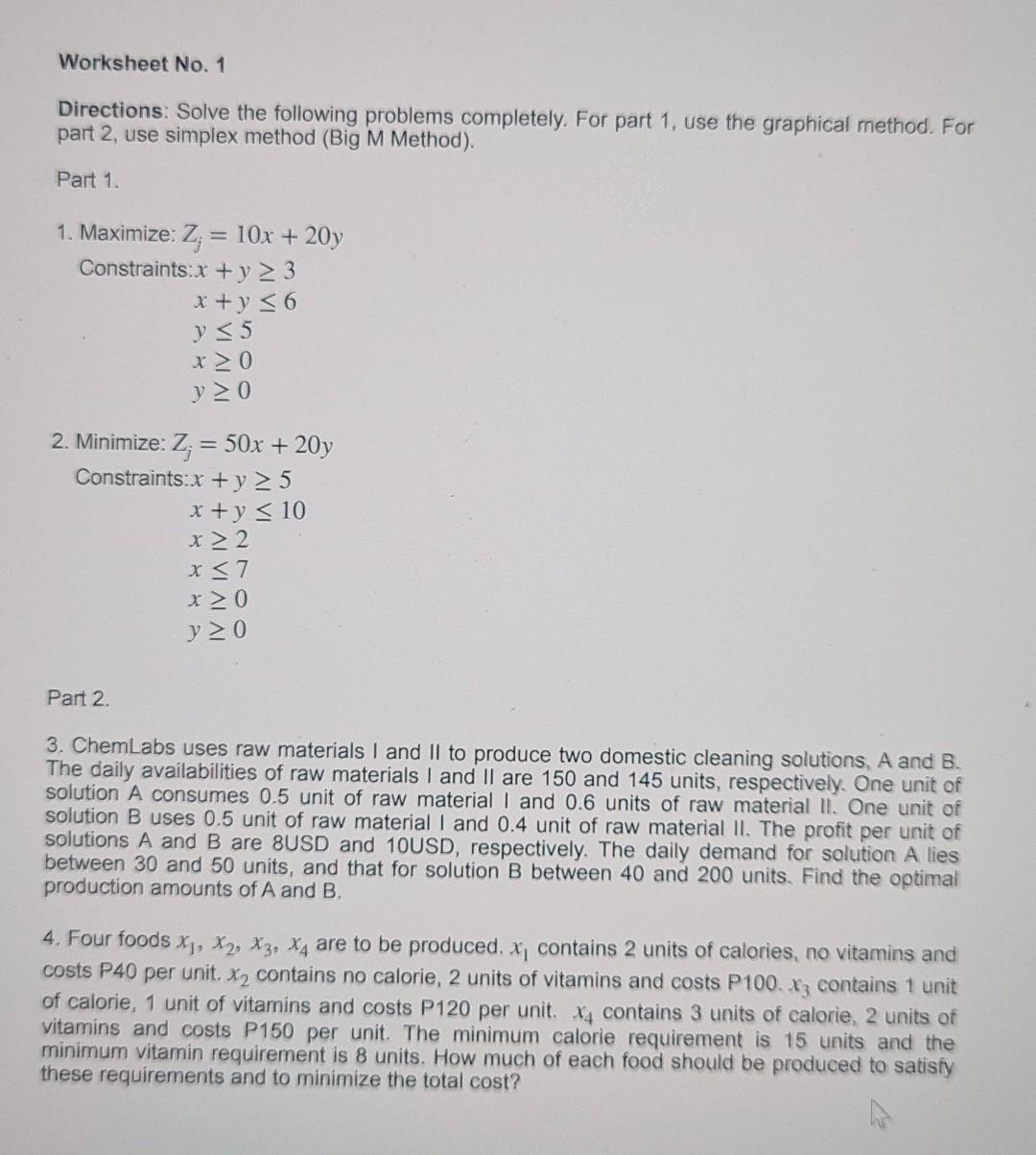 graphical method & simplex method Worksheet No. 1