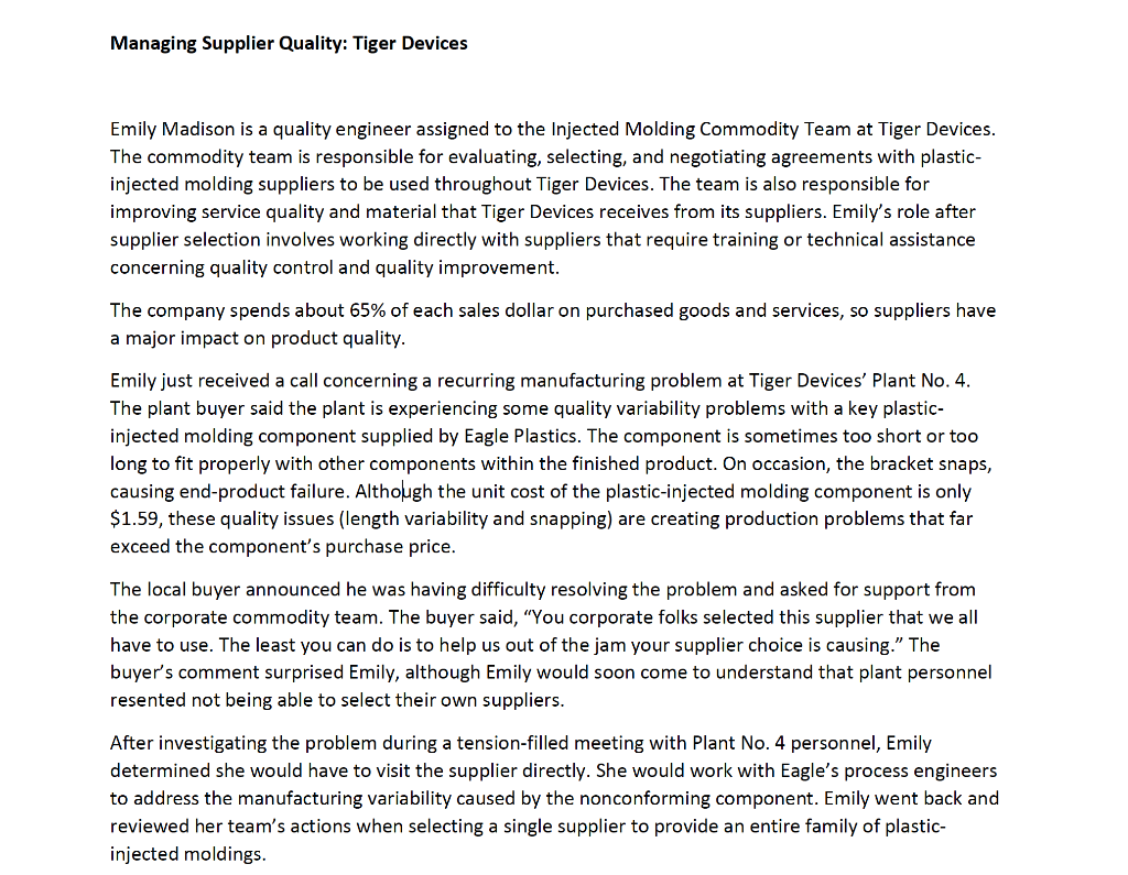 Managing Supplier Quality: Tiger Devices Emily