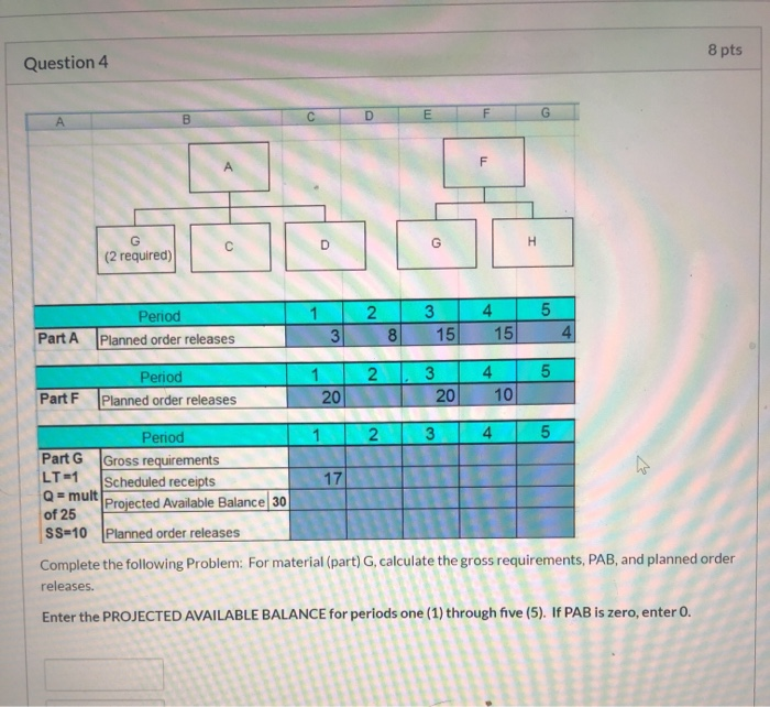 Question 4 8 pts T E F G (2 required) Period 1 2