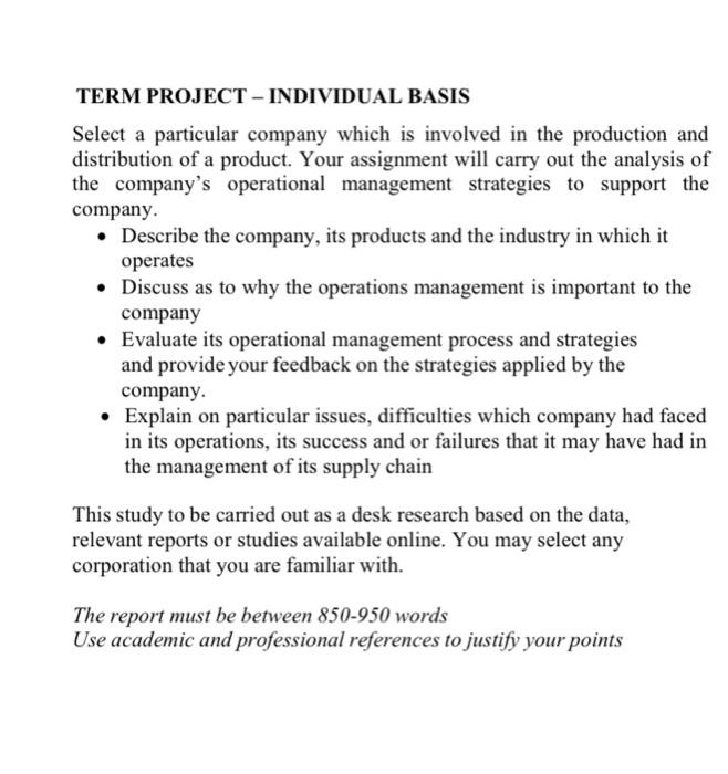 TERM PROJECT - INDIVIDUAL BASIS Select a