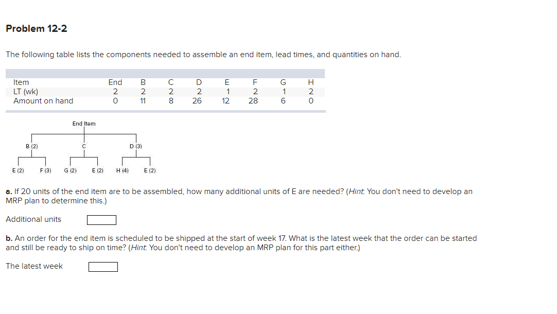 Problem 12-2 The following table lists the