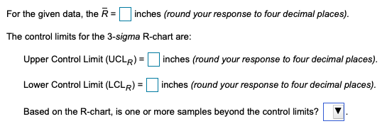 For the given data, the R= inches (round your