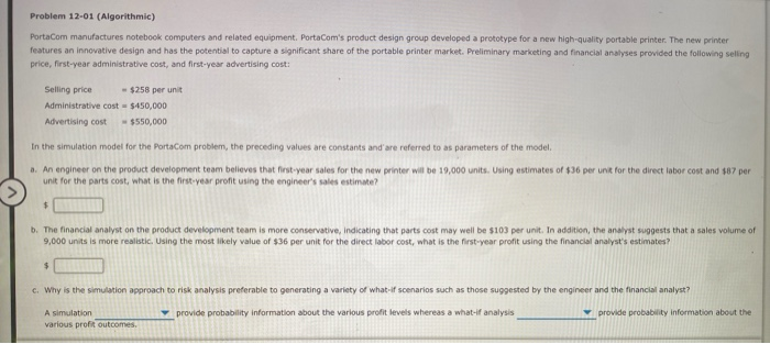 Problem 12-01 (Algorithmic) PortaCom manufactures