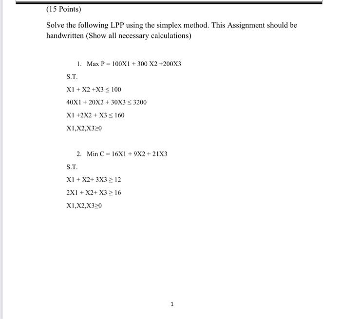 (15 Points) Solve the following LPP using the