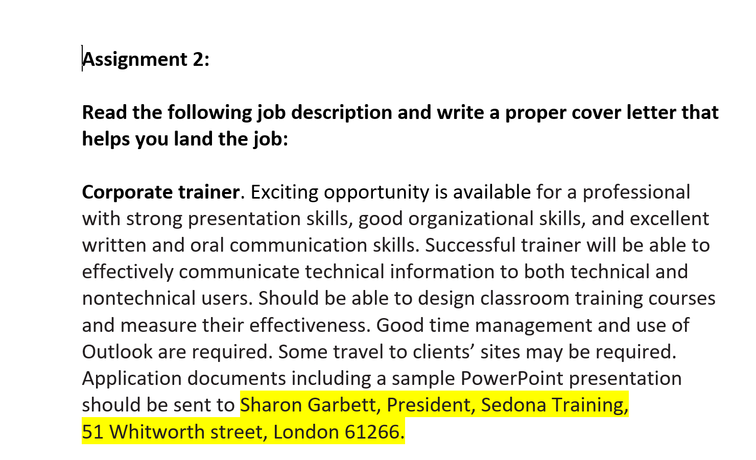 Assignment 2: Read the following job description