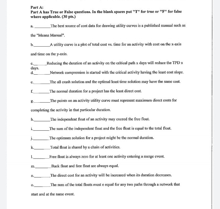 c. e. f. Part A: Part A has True or False