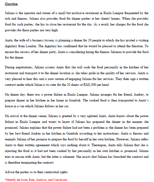 Question Juliana is the operator and owner of a