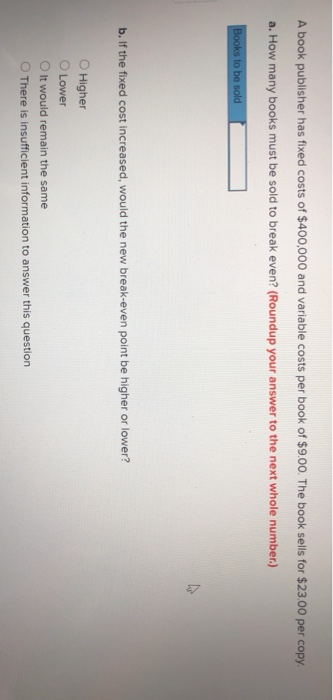 A book publisher has fixed costs of $400,000 and