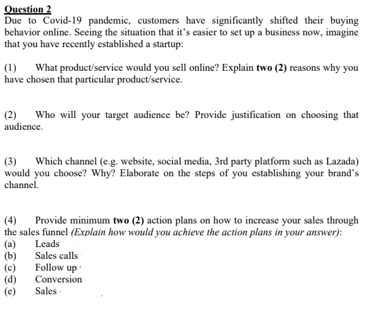 Subject: Sales Management The below questions are