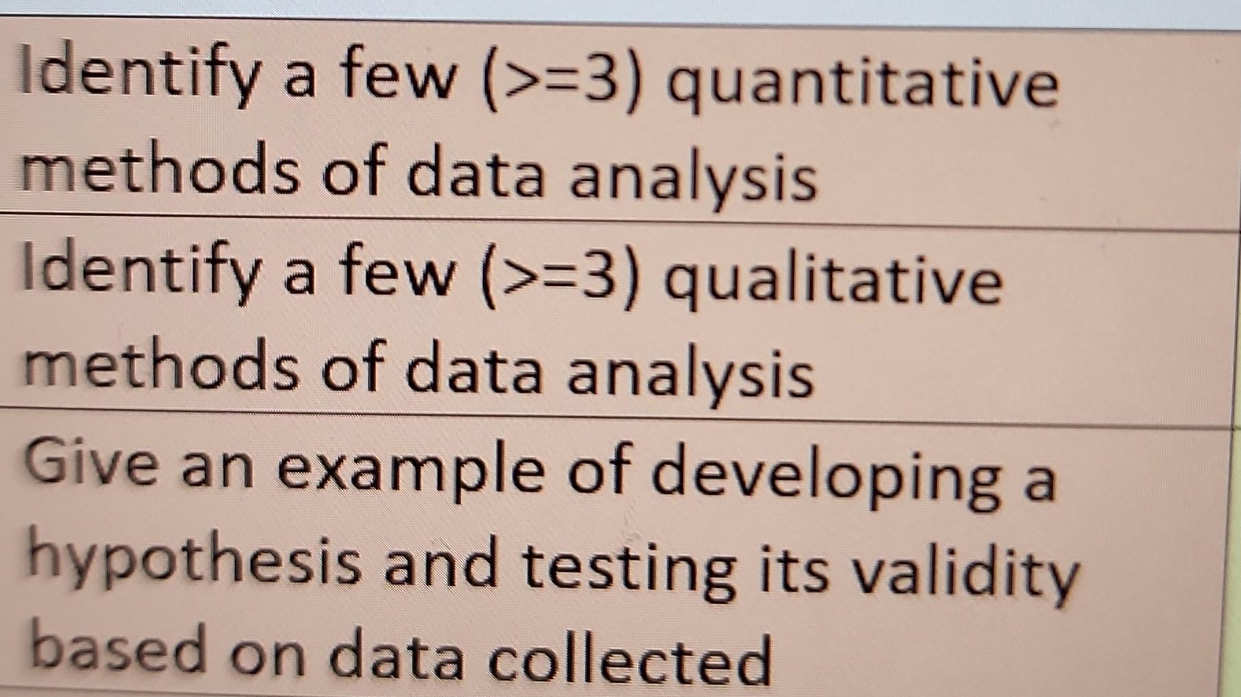 Identify a few (>=3) quantitative methods of data
