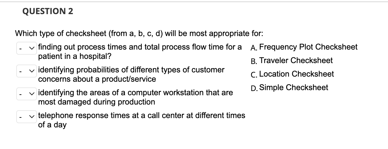Which type of checksheet (from a, b, c, d) will