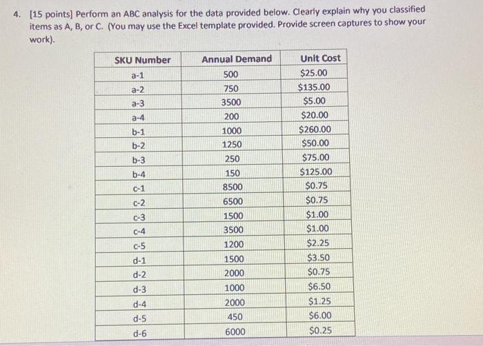 4. [15 points) Perform an ABC analysis for the