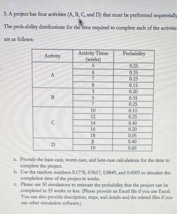 3. A project has four activities (A, B, C, and D)