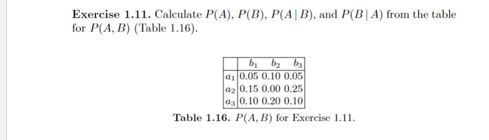 Exercise 1.11. Calculate P(A),P(B),P(AB), and