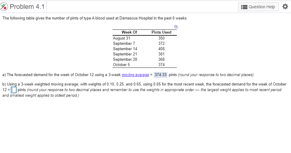% Problem 4.1 Question Help The following table