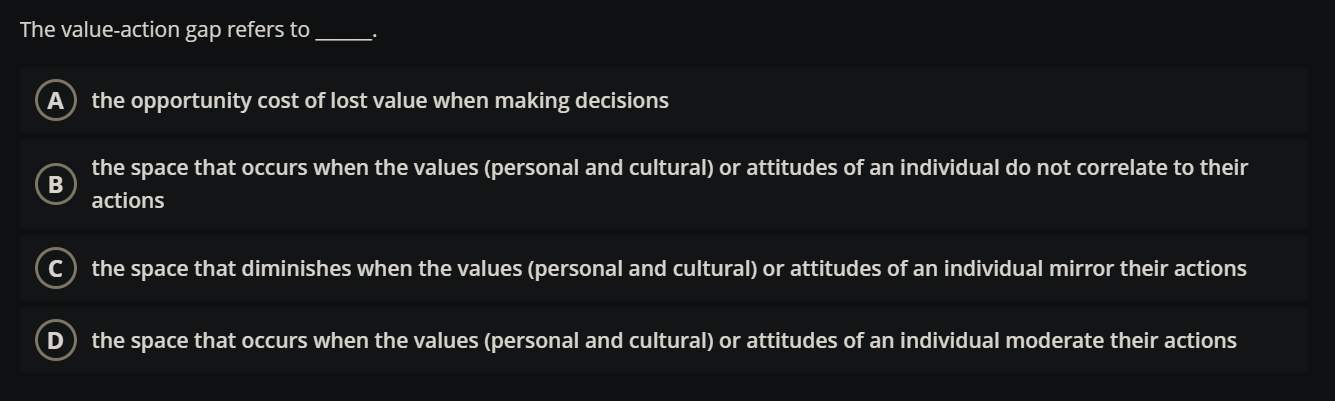The value-action gap refers to A the opportunity