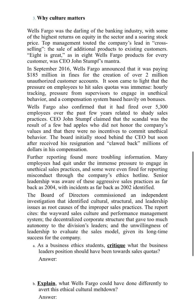 3. Why culture matters Wells Fargo was the