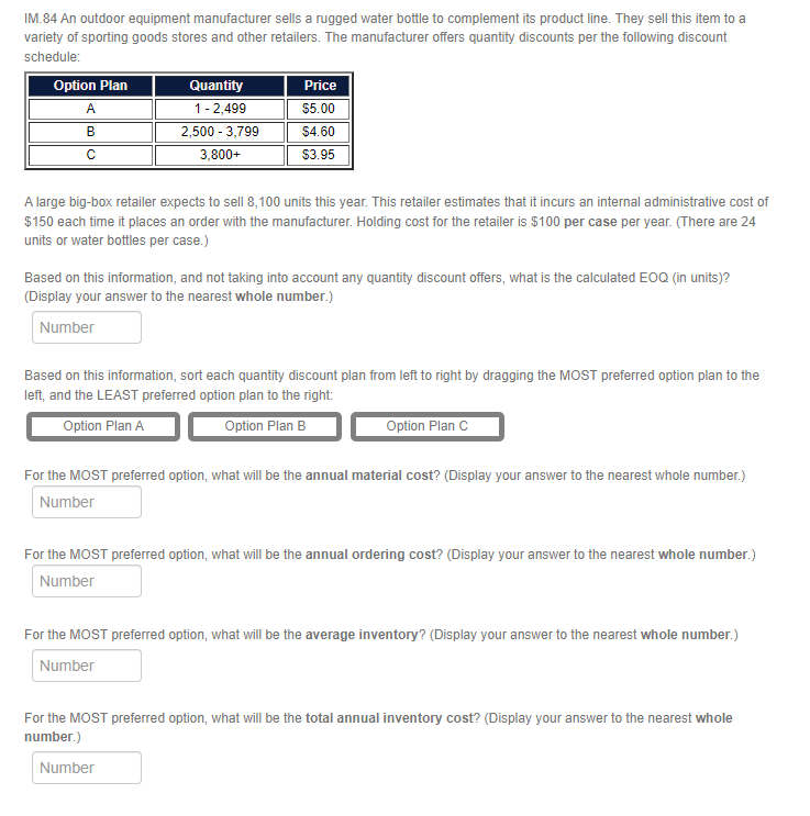 IM.84 An outdoor equipment manufacturer sells a