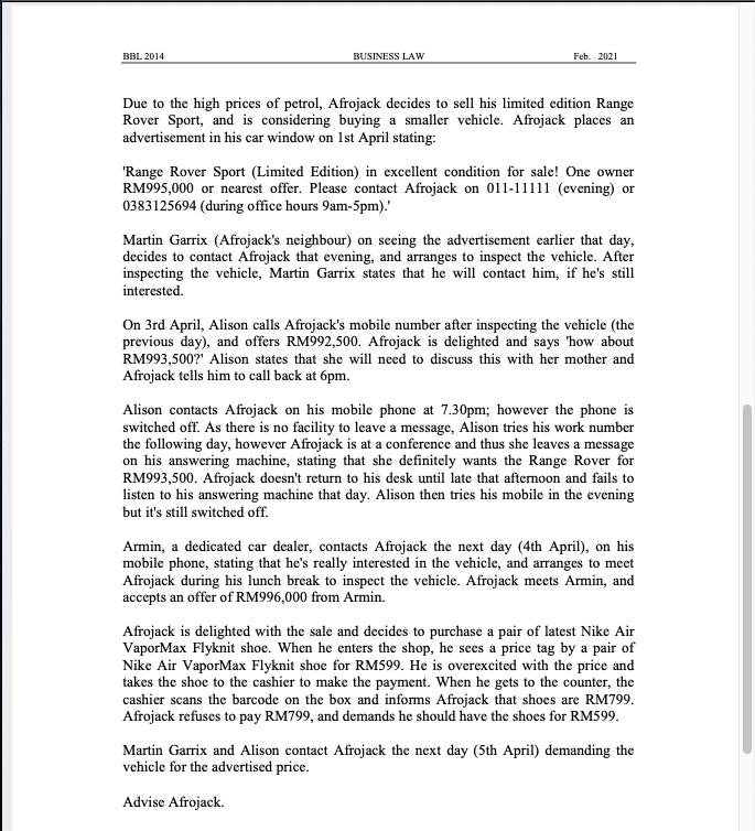 BBL 2014 BUSINESS LAW Feb. 2021 Due to the high