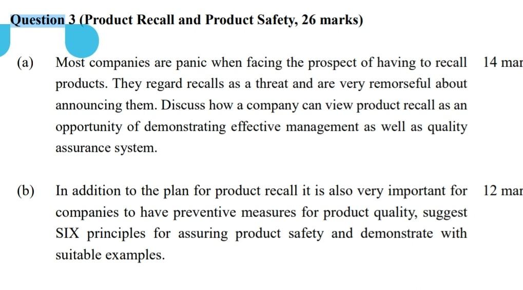 Question 3 (Product Recall and Product Safety, 26