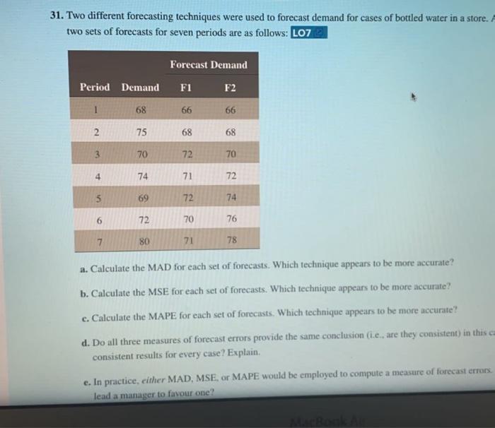 31. Two different forecasting techniques were