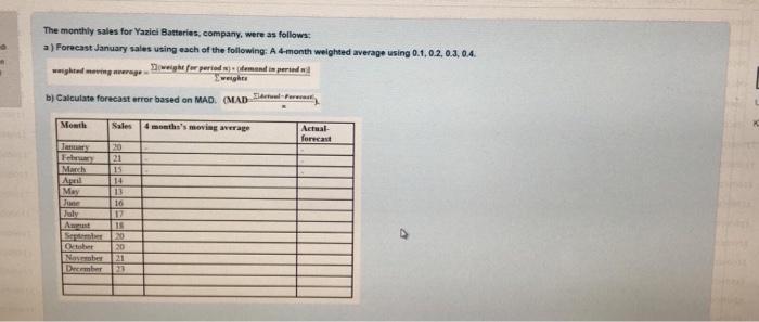 The monthly sales for Yazici Batteries, company,