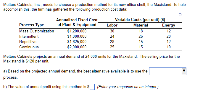 Metters Cabinets, Inc., needs to choose a