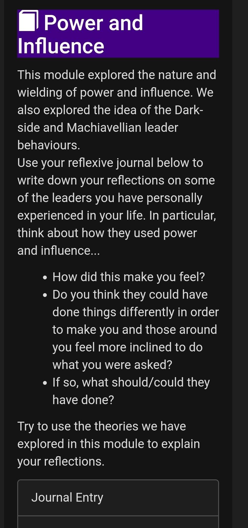 help with this journal.please! Power and