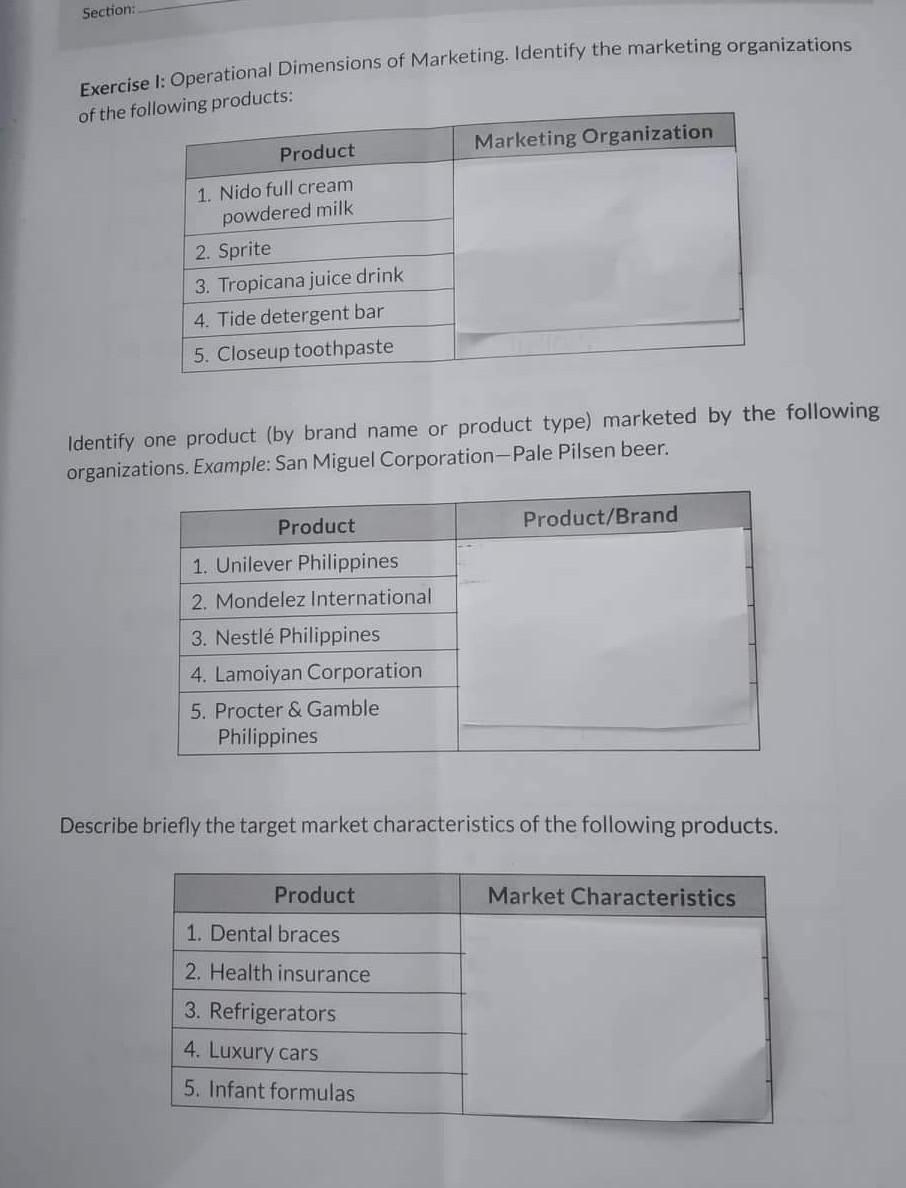 Exercise l: Operational Dimensions of Marketing.