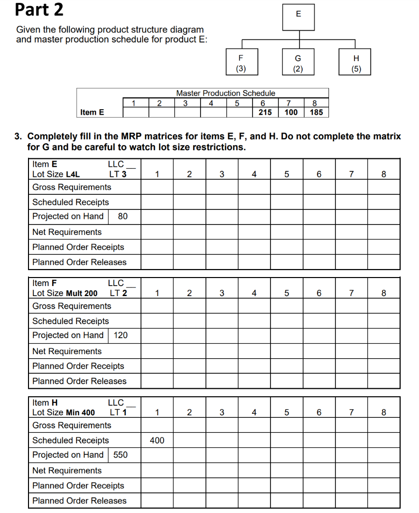 E Part 2 Given the following product structure