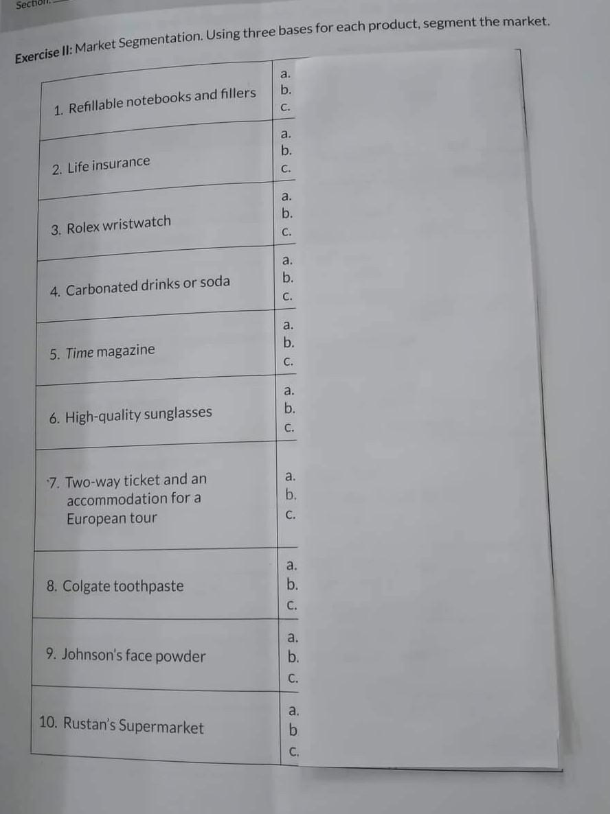 Exercise l: Operational Dimensions of Marketing.