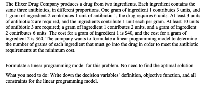 The Elixer Drug Company produces a drug from two