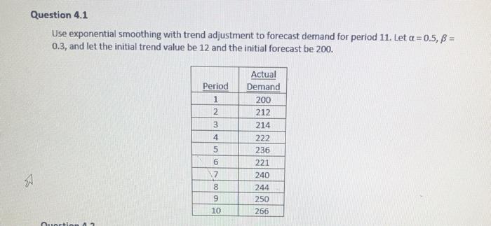 Question 4.1 Use exponential smoothing with trend
