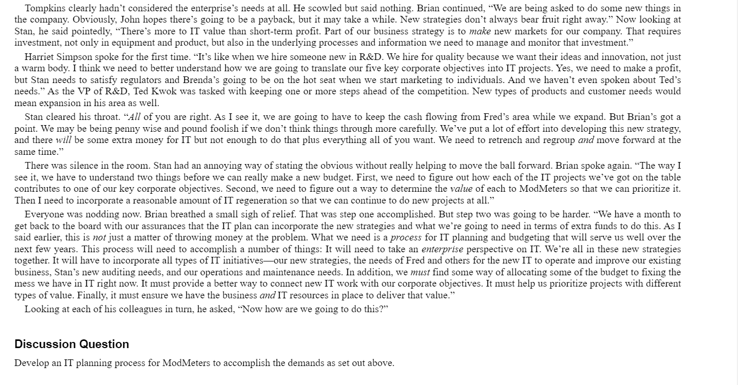 MINI CASE IT Planning at Mod Meters Brian Smith,