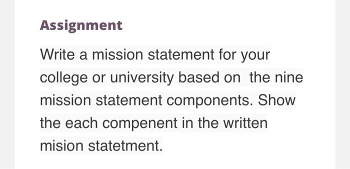 Assignment Write a mission statement for your
