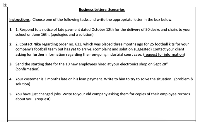 + Business Letters: Scenarios Instructions: