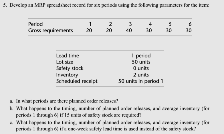 5. Develop an MRP spreadsheet record for six