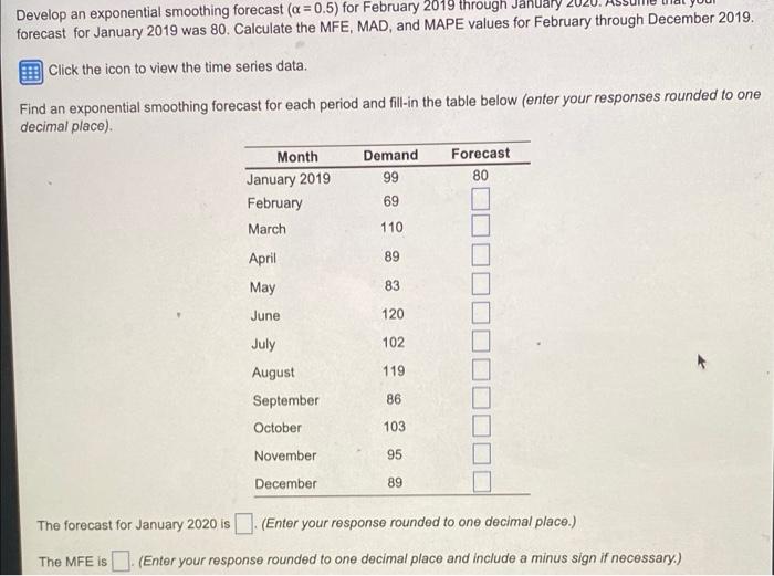 Develop an exponential smoothing forecast (a=0.5)